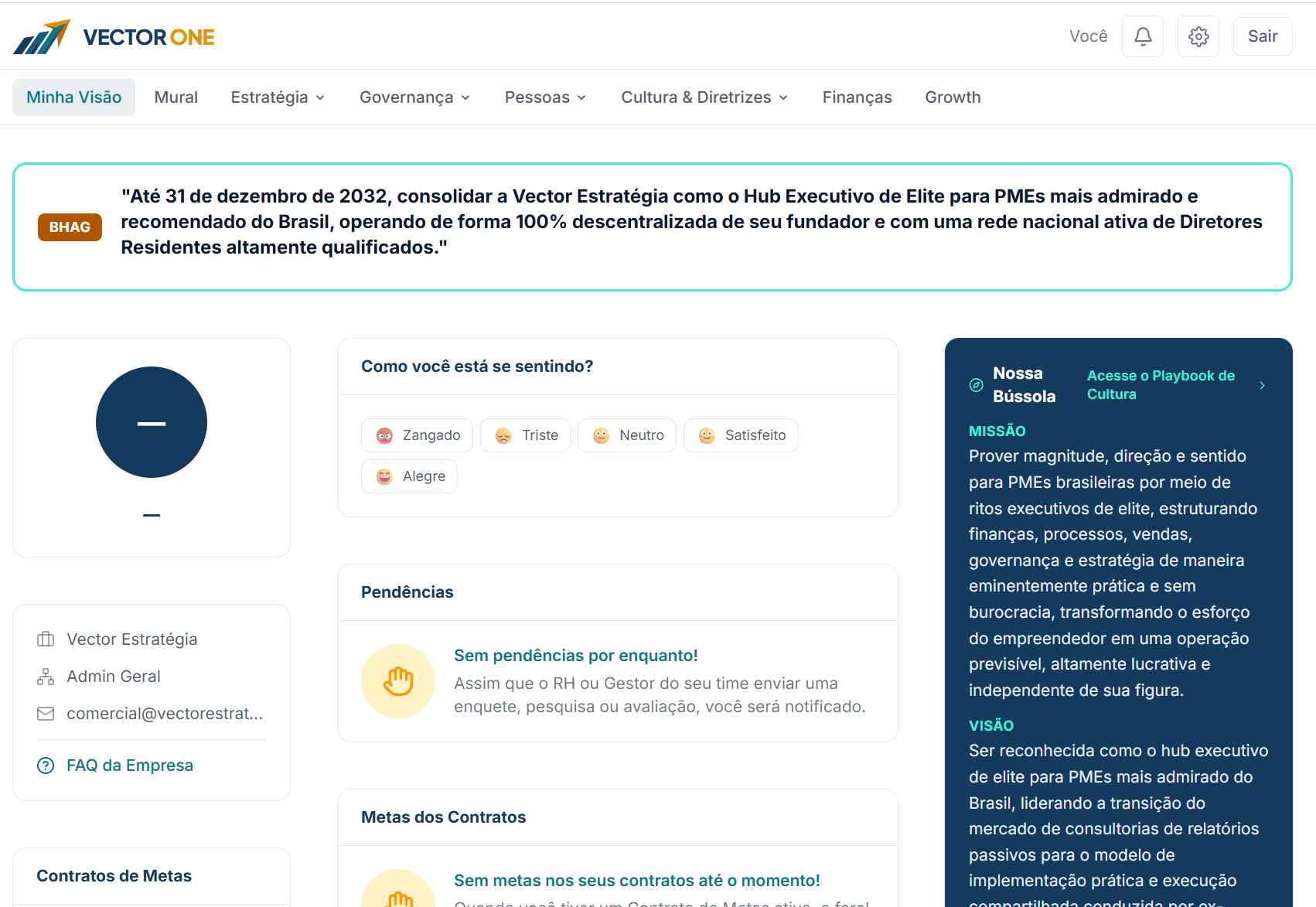 Vector One — Mural: check-in emocional, BHAG, dependências e contratos de metas